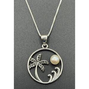 New Condition 18" Sterling Silver Genuine Pearl Palm Tree Waves Pendant Necklace